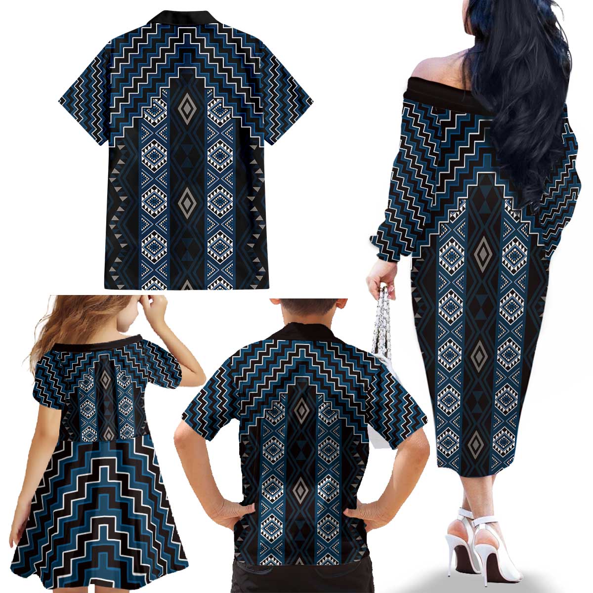 New Zealand Aotearoa Family Matching Off The Shoulder Long Sleeve Dress and Hawaiian Shirt Blue Poutama With Taniko Pattern LT05 - Polynesian Pride