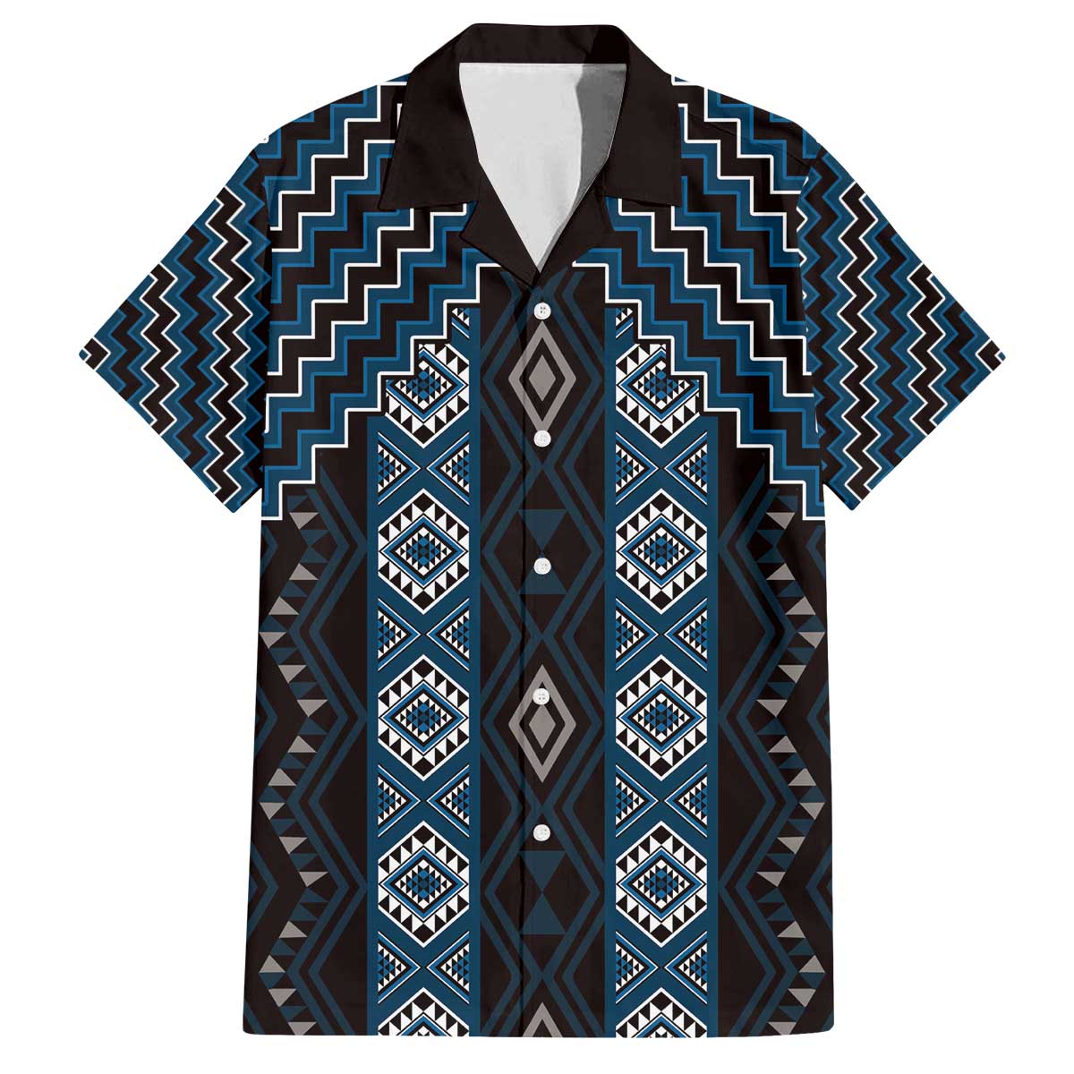New Zealand Aotearoa Family Matching Off The Shoulder Long Sleeve Dress and Hawaiian Shirt Blue Poutama With Taniko Pattern LT05 Dad's Shirt - Short Sleeve Blue - Polynesian Pride