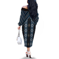 New Zealand Aotearoa Family Matching Off The Shoulder Long Sleeve Dress and Hawaiian Shirt Blue Poutama With Taniko Pattern LT05 - Polynesian Pride
