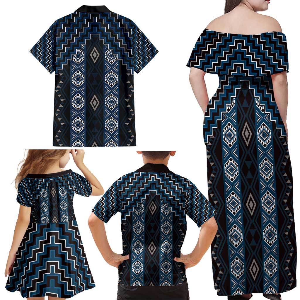 New Zealand Aotearoa Family Matching Off Shoulder Maxi Dress and Hawaiian Shirt Blue Poutama With Taniko Pattern LT05 - Polynesian Pride