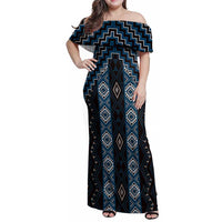 New Zealand Aotearoa Family Matching Off Shoulder Maxi Dress and Hawaiian Shirt Blue Poutama With Taniko Pattern LT05 Mom's Dress Blue - Polynesian Pride