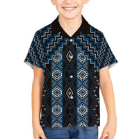 New Zealand Aotearoa Family Matching Off Shoulder Maxi Dress and Hawaiian Shirt Blue Poutama With Taniko Pattern LT05 Son's Shirt Blue - Polynesian Pride