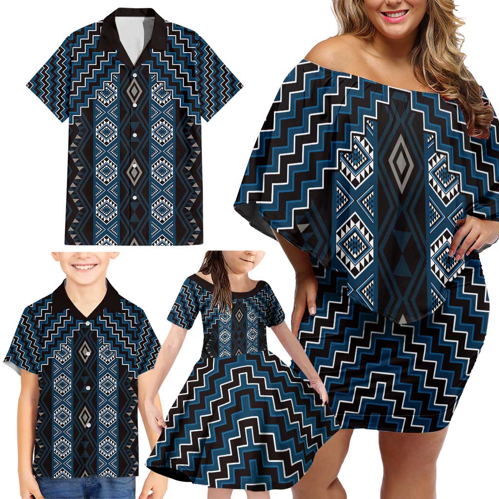New Zealand Aotearoa Family Matching Off Shoulder Short Dress and Hawaiian Shirt Blue Poutama With Taniko Pattern LT05 - Polynesian Pride