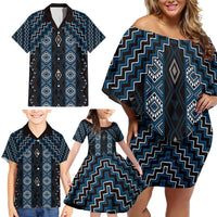 New Zealand Aotearoa Family Matching Off Shoulder Short Dress and Hawaiian Shirt Blue Poutama With Taniko Pattern LT05 - Polynesian Pride