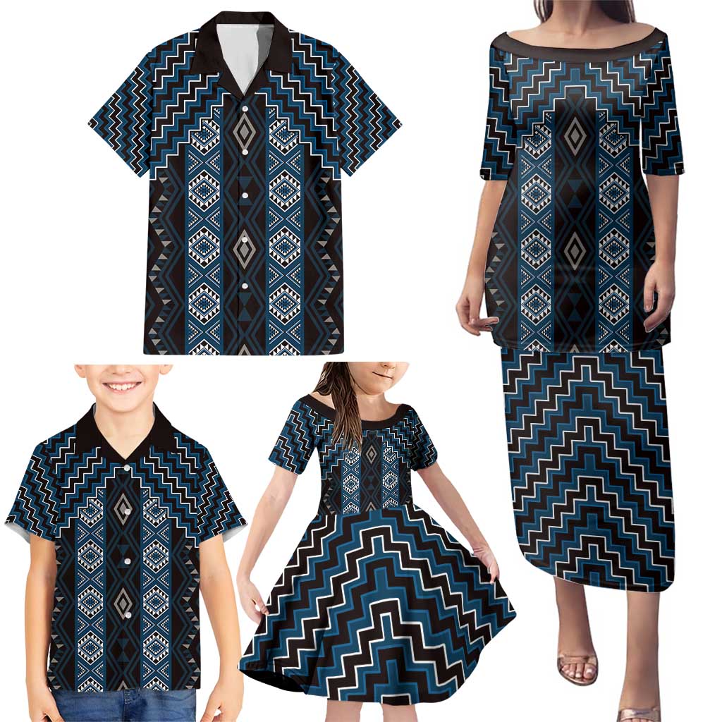 New Zealand Aotearoa Family Matching Puletasi and Hawaiian Shirt Blue Poutama With Taniko Pattern LT05 - Polynesian Pride
