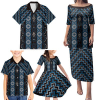 New Zealand Aotearoa Family Matching Puletasi and Hawaiian Shirt Blue Poutama With Taniko Pattern LT05 - Polynesian Pride