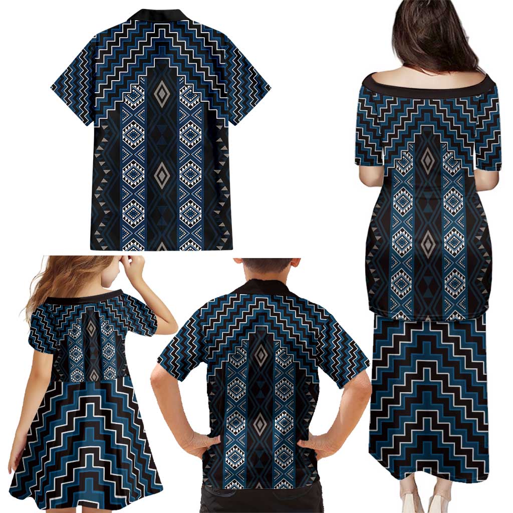 New Zealand Aotearoa Family Matching Puletasi and Hawaiian Shirt Blue Poutama With Taniko Pattern LT05 - Polynesian Pride