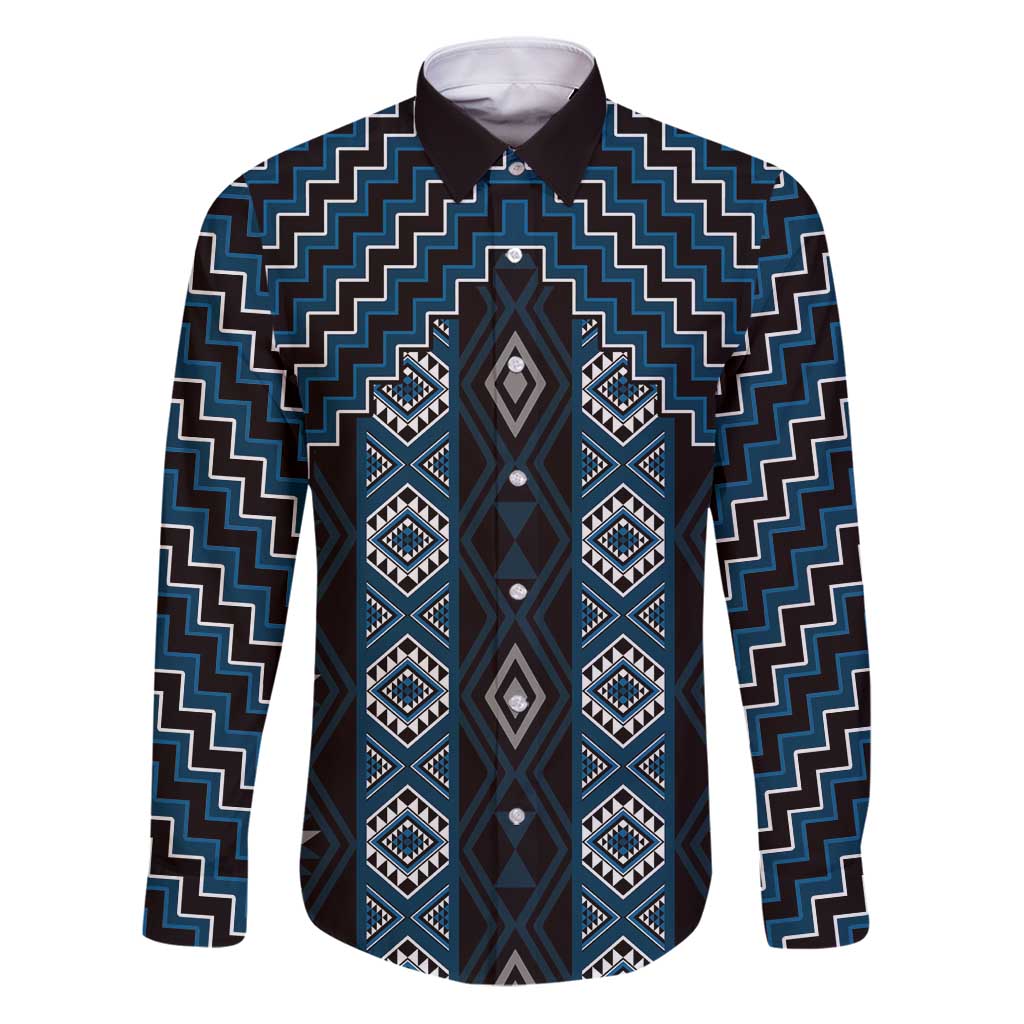 New Zealand Aotearoa Family Matching Puletasi and Hawaiian Shirt Blue Poutama With Taniko Pattern LT05 Dad's Shirt - Long Sleeve Blue - Polynesian Pride