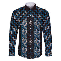 New Zealand Aotearoa Family Matching Puletasi and Hawaiian Shirt Blue Poutama With Taniko Pattern LT05 Dad's Shirt - Long Sleeve Blue - Polynesian Pride