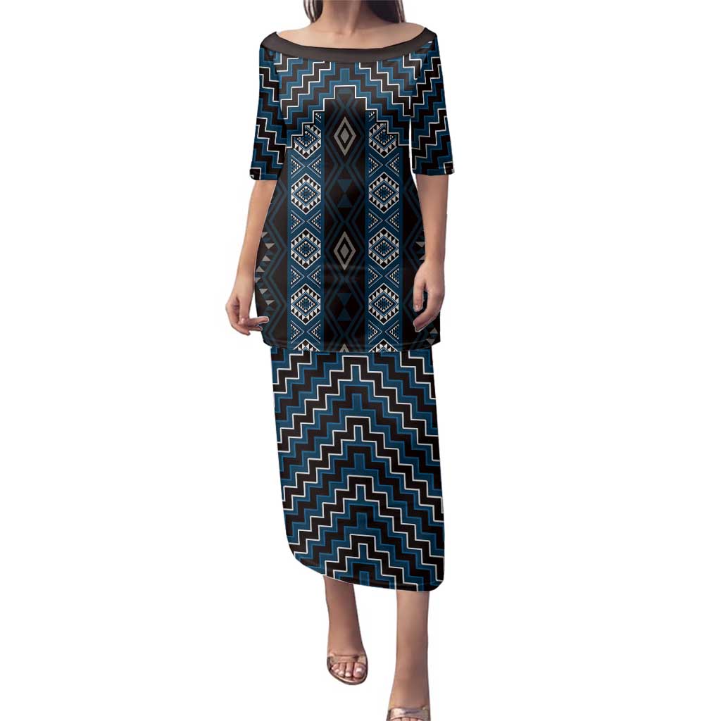 New Zealand Aotearoa Family Matching Puletasi and Hawaiian Shirt Blue Poutama With Taniko Pattern LT05 Mom's Dress Blue - Polynesian Pride