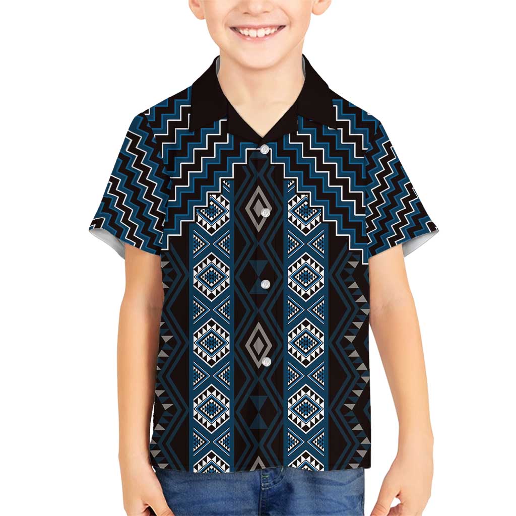 New Zealand Aotearoa Family Matching Puletasi and Hawaiian Shirt Blue Poutama With Taniko Pattern LT05 Son's Shirt Blue - Polynesian Pride