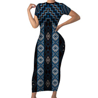New Zealand Aotearoa Family Matching Short Sleeve Bodycon Dress and Hawaiian Shirt Blue Poutama With Taniko Pattern LT05 Mom's Dress Blue - Polynesian Pride