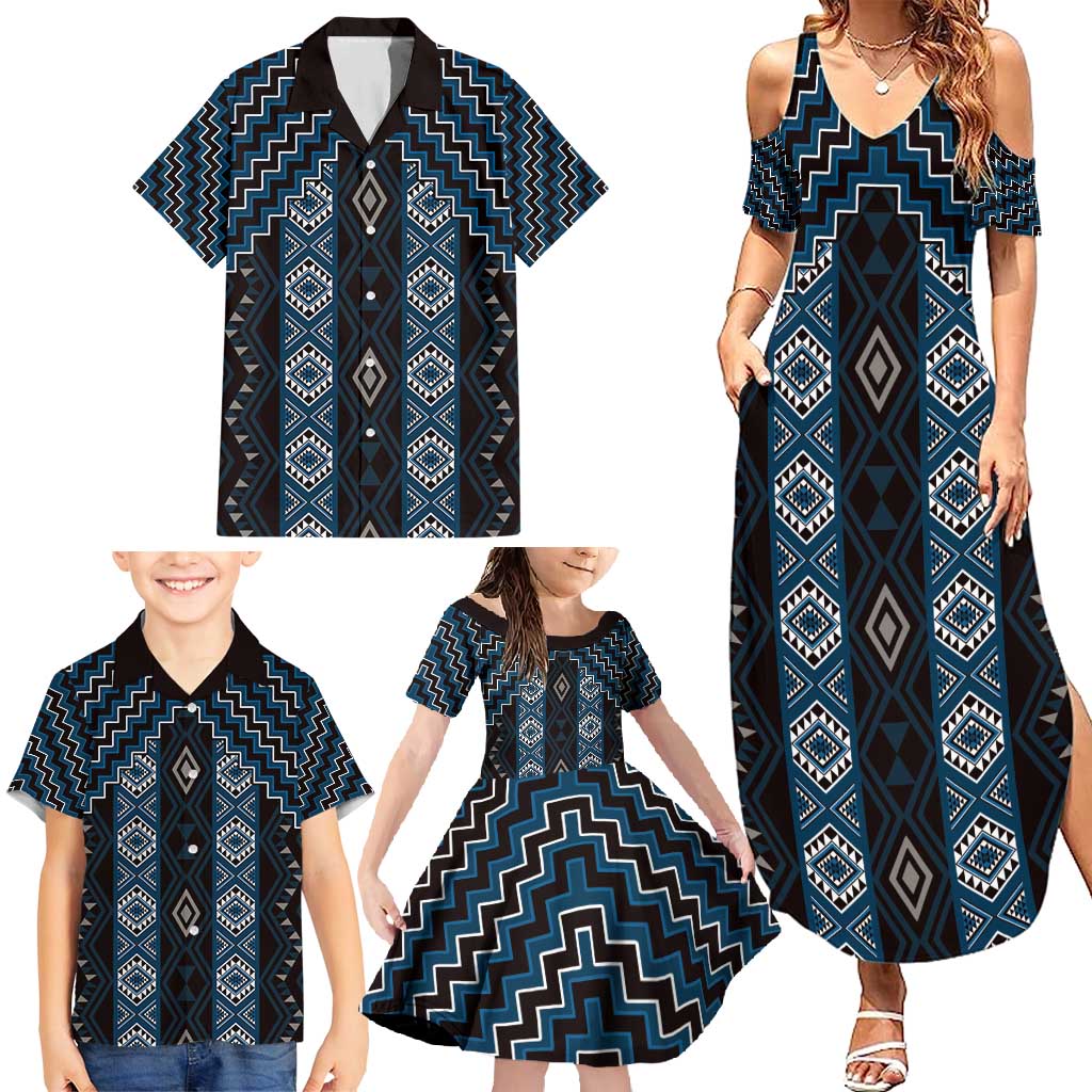 New Zealand Aotearoa Family Matching Summer Maxi Dress and Hawaiian Shirt Blue Poutama With Taniko Pattern LT05 - Polynesian Pride