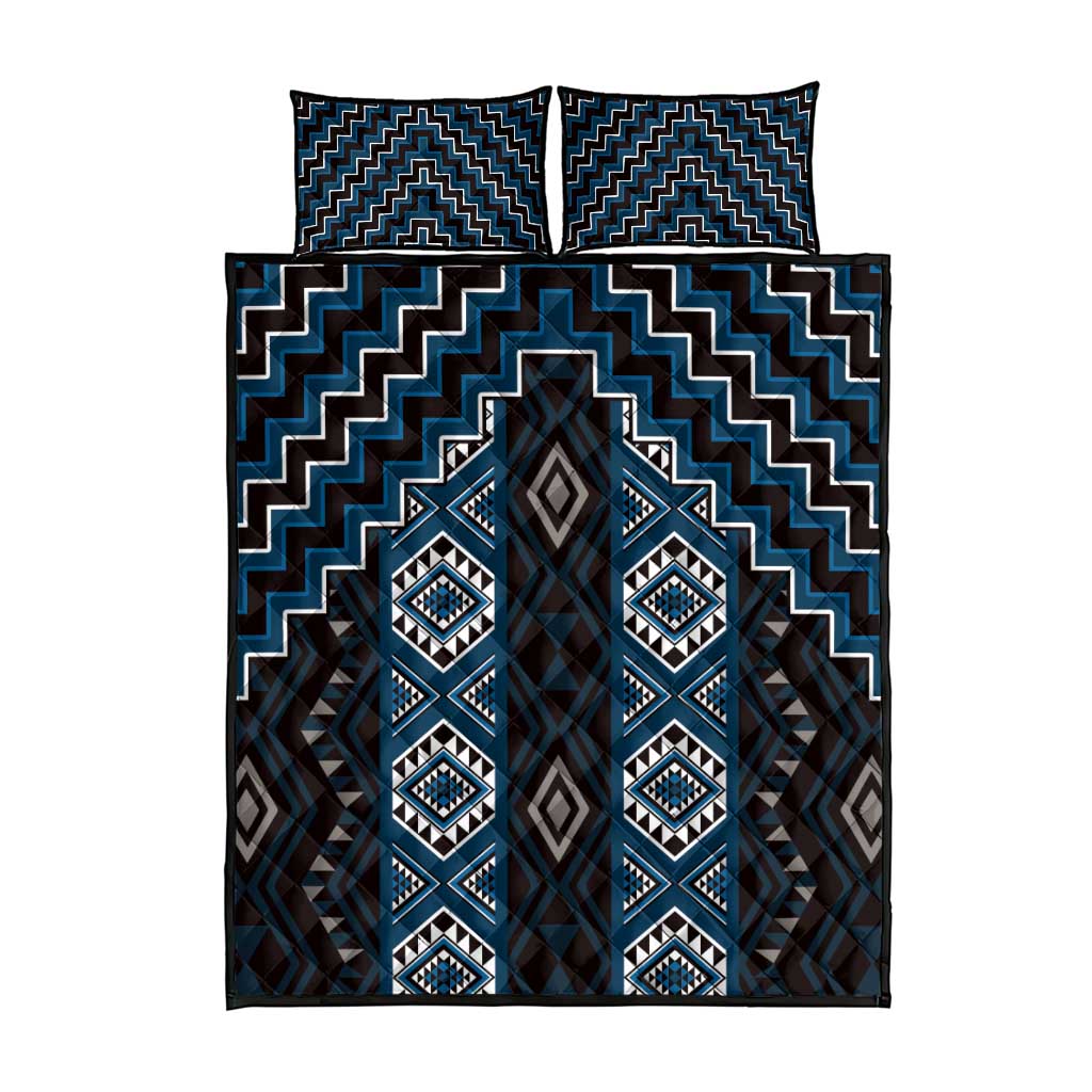 New Zealand Aotearoa Quilt Bed Set Blue Poutama With Taniko Pattern LT05