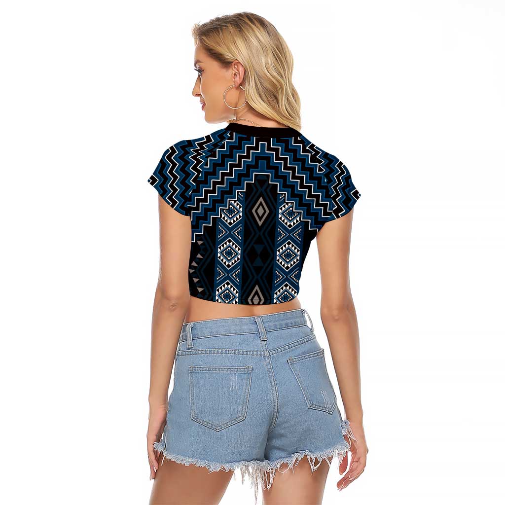 New Zealand Aotearoa Raglan Cropped T Shirt Blue Poutama With Taniko Pattern LT05