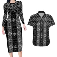 New Zealand Aotearoa Couples Matching Long Sleeve Bodycon Dress and Hawaiian Shirt Black Poutama With Taniko Pattern LT05 Black - Polynesian Pride