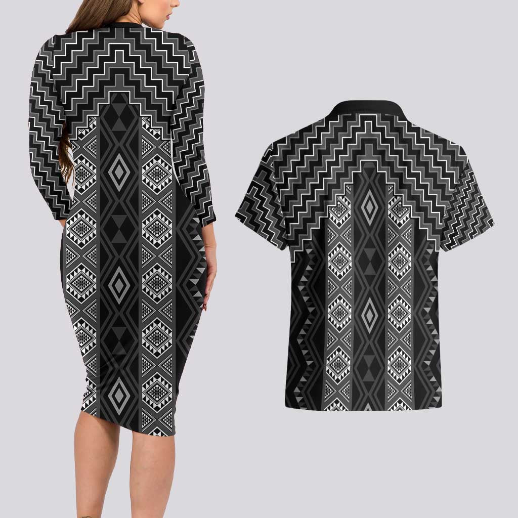 New Zealand Aotearoa Couples Matching Long Sleeve Bodycon Dress and Hawaiian Shirt Black Poutama With Taniko Pattern LT05 - Polynesian Pride