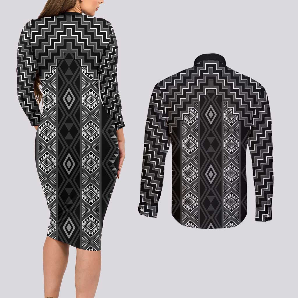 New Zealand Aotearoa Couples Matching Long Sleeve Bodycon Dress and Long Sleeve Button Shirt Black Poutama With Taniko Pattern LT05 - Polynesian Pride