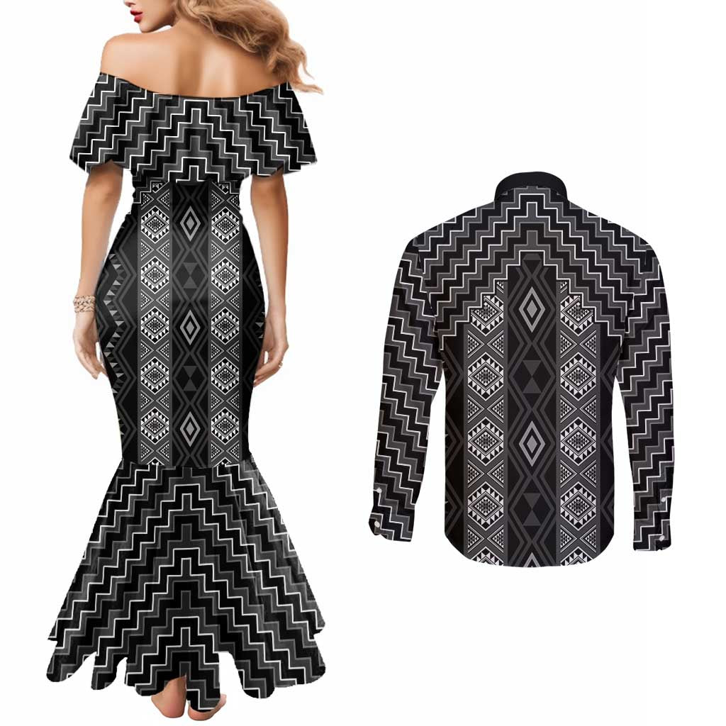 New Zealand Aotearoa Couples Matching Mermaid Dress and Long Sleeve Button Shirt Black Poutama With Taniko Pattern LT05 - Polynesian Pride
