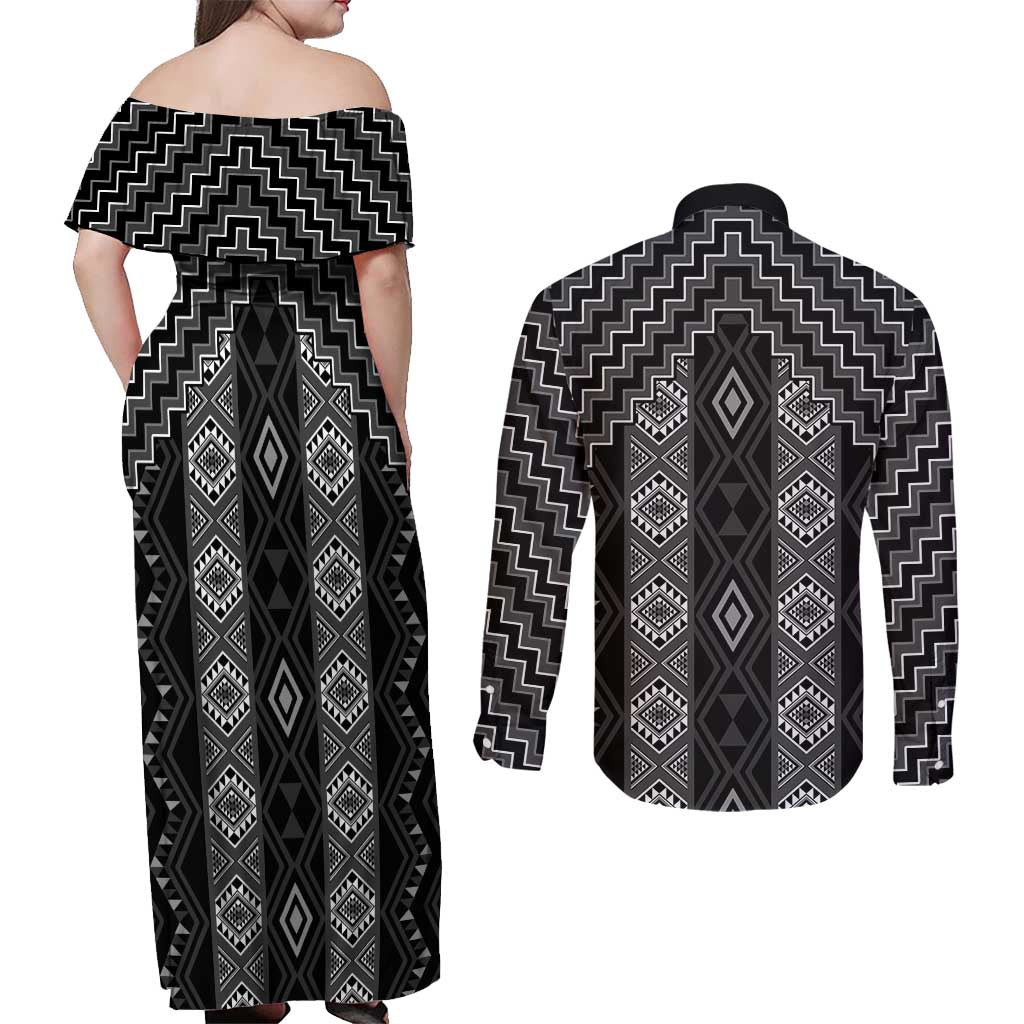 New Zealand Aotearoa Couples Matching Off Shoulder Maxi Dress and Long Sleeve Button Shirt Black Poutama With Taniko Pattern LT05 - Polynesian Pride