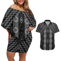 New Zealand Aotearoa Couples Matching Off Shoulder Short Dress and Hawaiian Shirt Black Poutama With Taniko Pattern LT05 Black - Polynesian Pride