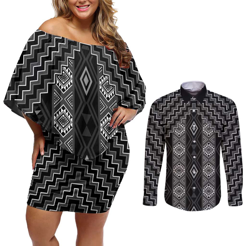 New Zealand Aotearoa Couples Matching Off Shoulder Short Dress and Long Sleeve Button Shirt Black Poutama With Taniko Pattern LT05 Black - Polynesian Pride
