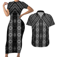 New Zealand Aotearoa Couples Matching Short Sleeve Bodycon Dress and Hawaiian Shirt Black Poutama With Taniko Pattern LT05 Black - Polynesian Pride