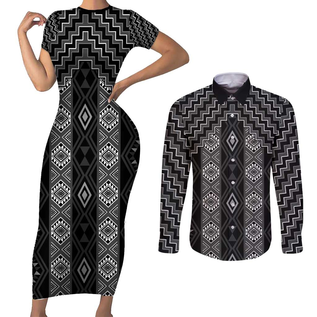 New Zealand Aotearoa Couples Matching Short Sleeve Bodycon Dress and Long Sleeve Button Shirt Black Poutama With Taniko Pattern LT05 Black - Polynesian Pride