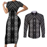 New Zealand Aotearoa Couples Matching Short Sleeve Bodycon Dress and Long Sleeve Button Shirt Black Poutama With Taniko Pattern LT05 Black - Polynesian Pride
