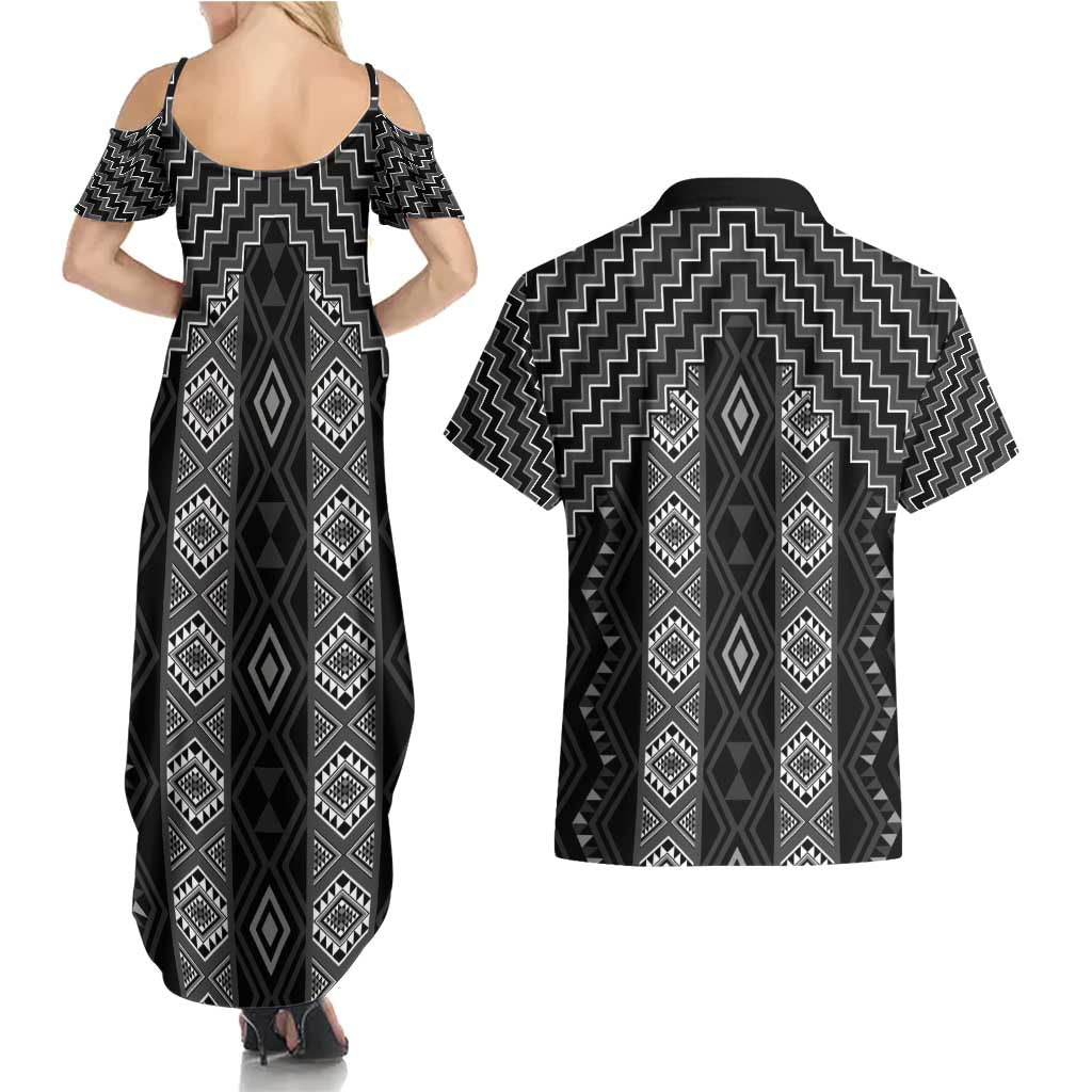 New Zealand Aotearoa Couples Matching Summer Maxi Dress and Hawaiian Shirt Black Poutama With Taniko Pattern LT05 - Polynesian Pride