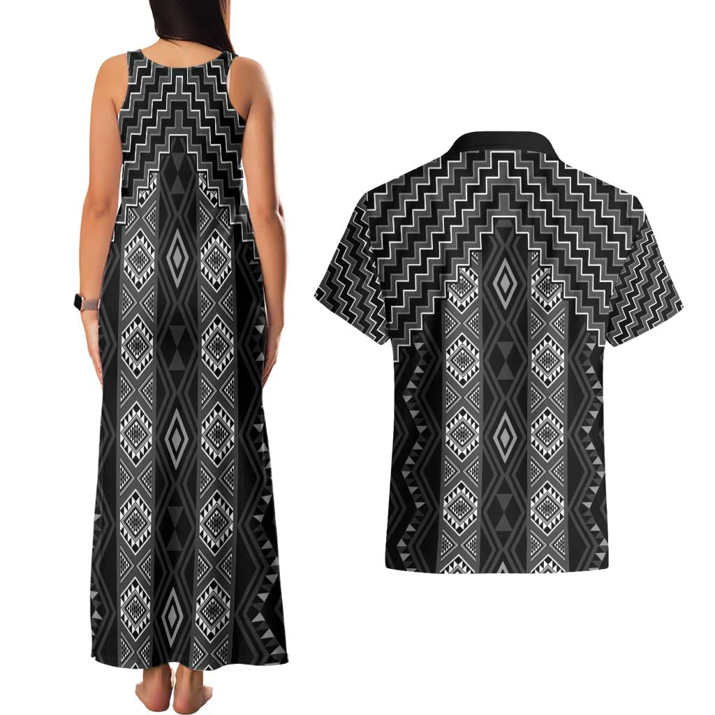 New Zealand Aotearoa Couples Matching Tank Maxi Dress and Hawaiian Shirt Black Poutama With Taniko Pattern LT05 - Polynesian Pride