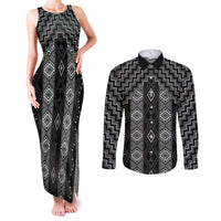 New Zealand Aotearoa Couples Matching Tank Maxi Dress and Long Sleeve Button Shirt Black Poutama With Taniko Pattern LT05 Black - Polynesian Pride