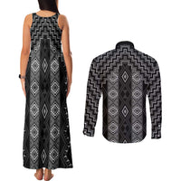 New Zealand Aotearoa Couples Matching Tank Maxi Dress and Long Sleeve Button Shirt Black Poutama With Taniko Pattern LT05 - Polynesian Pride