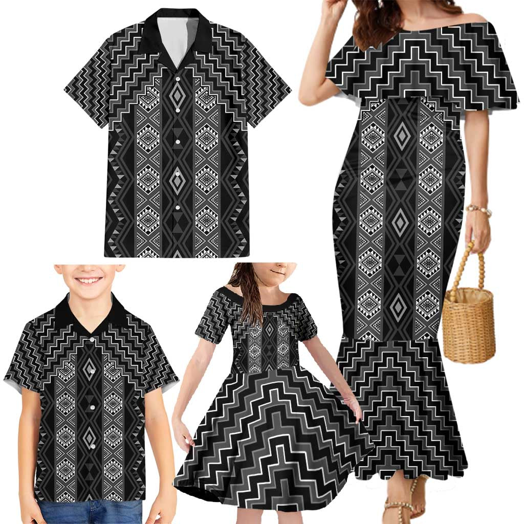 New Zealand Aotearoa Family Matching Mermaid Dress and Hawaiian Shirt Black Poutama With Taniko Pattern LT05 - Polynesian Pride