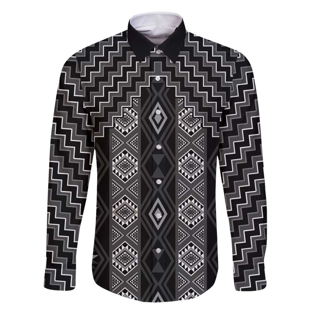New Zealand Aotearoa Family Matching Mermaid Dress and Hawaiian Shirt Black Poutama With Taniko Pattern LT05 Dad's Shirt - Long Sleeve Black - Polynesian Pride