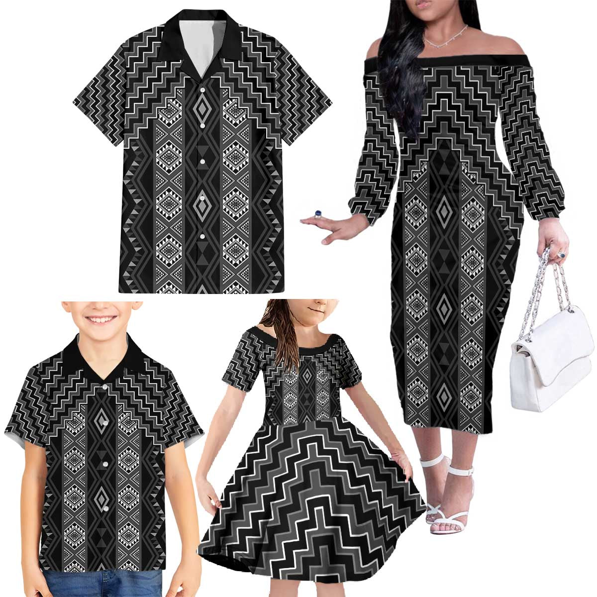 New Zealand Aotearoa Family Matching Off The Shoulder Long Sleeve Dress and Hawaiian Shirt Black Poutama With Taniko Pattern LT05 - Polynesian Pride