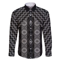 New Zealand Aotearoa Family Matching Off The Shoulder Long Sleeve Dress and Hawaiian Shirt Black Poutama With Taniko Pattern LT05 Dad's Shirt - Long Sleeve Black - Polynesian Pride