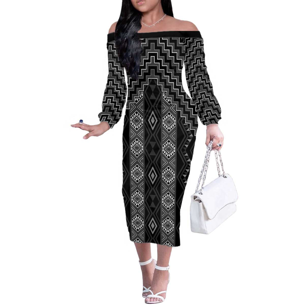 New Zealand Aotearoa Family Matching Off The Shoulder Long Sleeve Dress and Hawaiian Shirt Black Poutama With Taniko Pattern LT05 Mom's Dress Black - Polynesian Pride