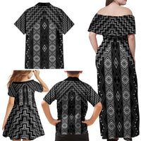 New Zealand Aotearoa Family Matching Off Shoulder Maxi Dress and Hawaiian Shirt Black Poutama With Taniko Pattern LT05 - Polynesian Pride