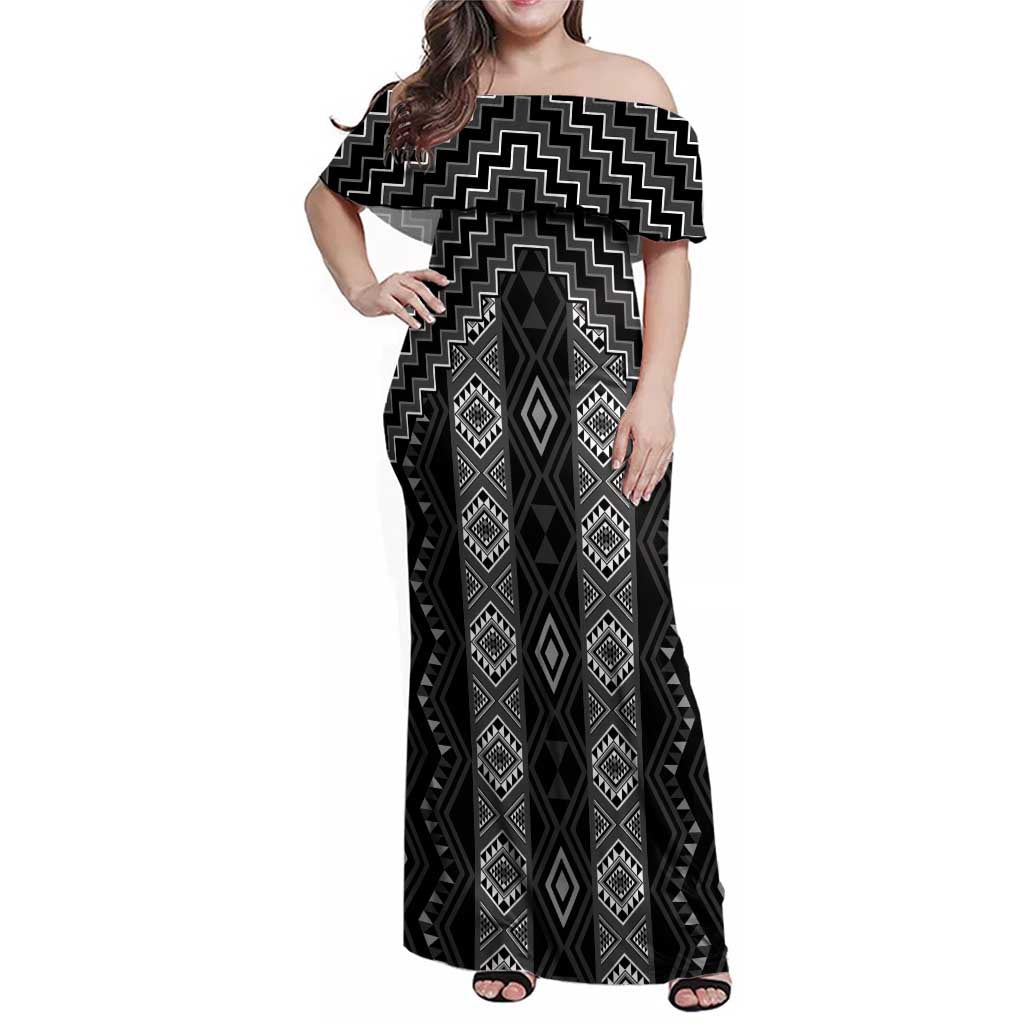 New Zealand Aotearoa Family Matching Off Shoulder Maxi Dress and Hawaiian Shirt Black Poutama With Taniko Pattern LT05 Mom's Dress Black - Polynesian Pride