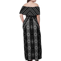New Zealand Aotearoa Family Matching Off Shoulder Maxi Dress and Hawaiian Shirt Black Poutama With Taniko Pattern LT05 - Polynesian Pride