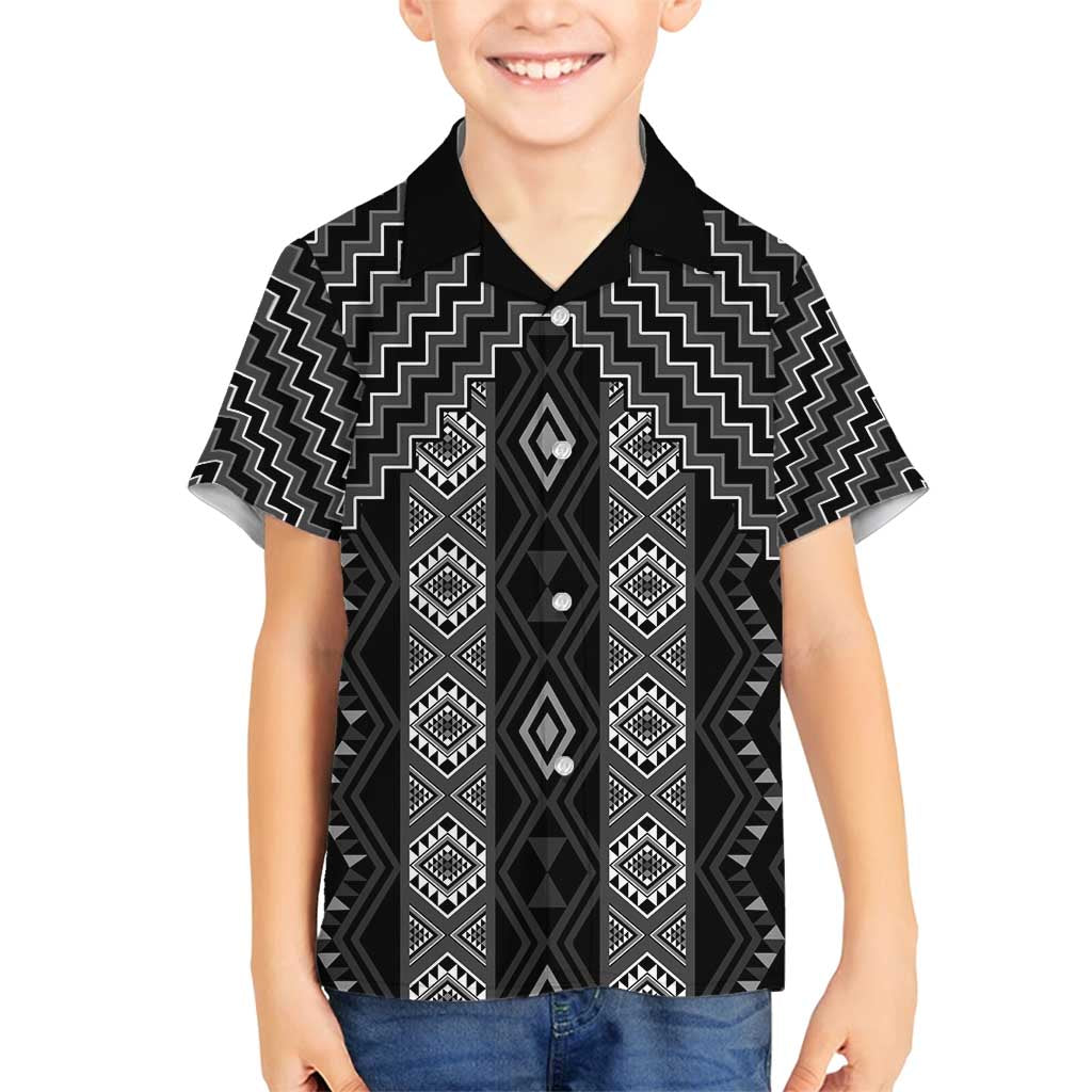 New Zealand Aotearoa Family Matching Off Shoulder Maxi Dress and Hawaiian Shirt Black Poutama With Taniko Pattern LT05 Son's Shirt Black - Polynesian Pride