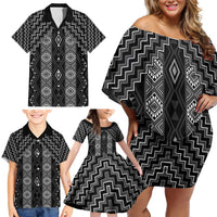 New Zealand Aotearoa Family Matching Off Shoulder Short Dress and Hawaiian Shirt Black Poutama With Taniko Pattern LT05 - Polynesian Pride