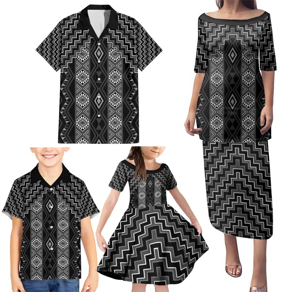 New Zealand Aotearoa Family Matching Puletasi and Hawaiian Shirt Black Poutama With Taniko Pattern LT05 - Polynesian Pride