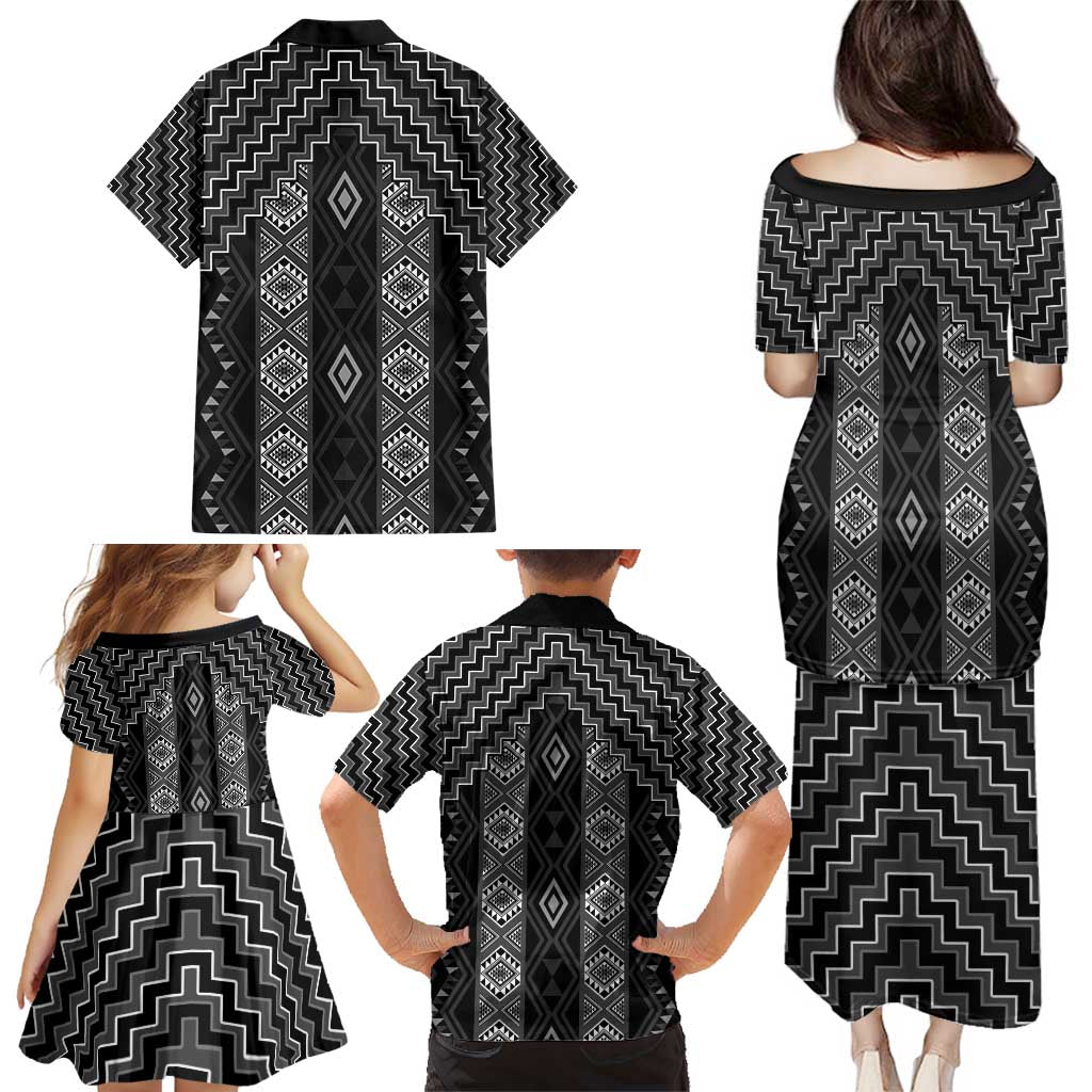 New Zealand Aotearoa Family Matching Puletasi and Hawaiian Shirt Black Poutama With Taniko Pattern LT05 - Polynesian Pride