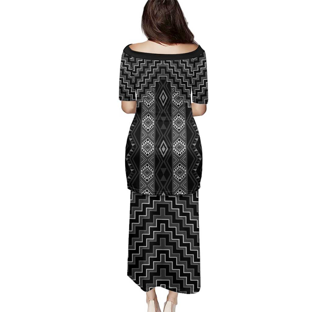 New Zealand Aotearoa Family Matching Puletasi and Hawaiian Shirt Black Poutama With Taniko Pattern LT05 - Polynesian Pride