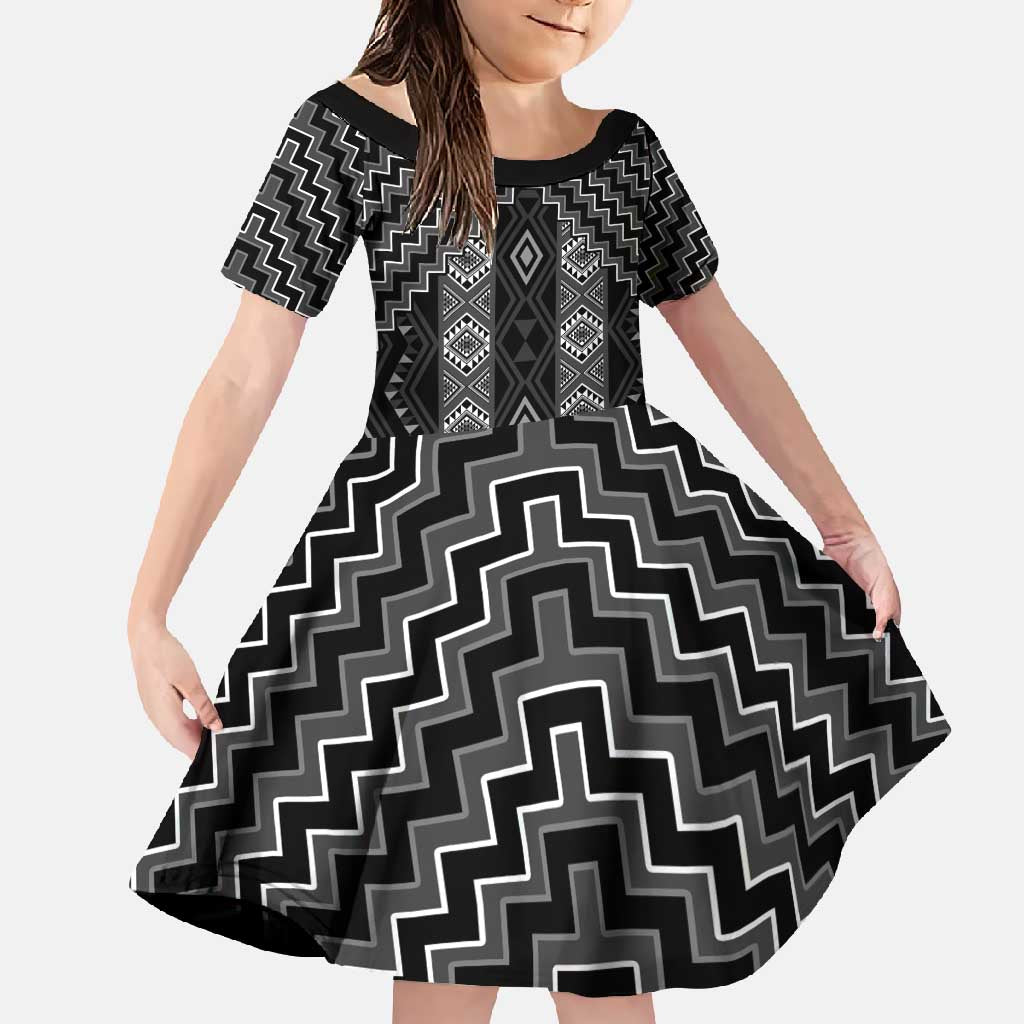 New Zealand Aotearoa Family Matching Short Sleeve Bodycon Dress and Hawaiian Shirt Black Poutama With Taniko Pattern LT05 Daughter's Dress Black - Polynesian Pride