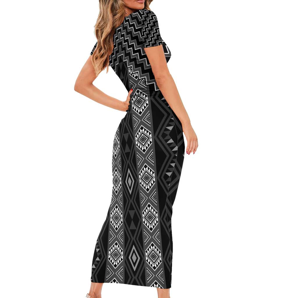 New Zealand Aotearoa Family Matching Short Sleeve Bodycon Dress and Hawaiian Shirt Black Poutama With Taniko Pattern LT05 - Polynesian Pride