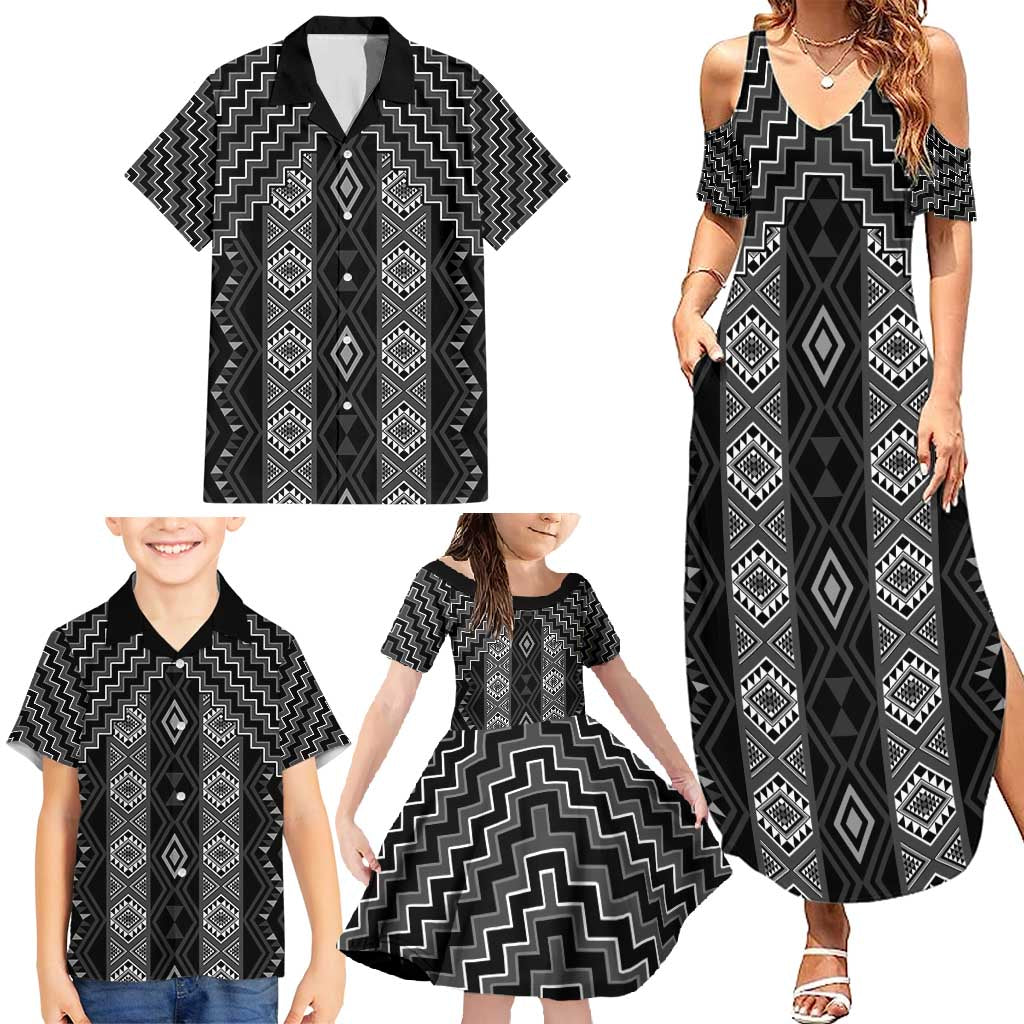 New Zealand Aotearoa Family Matching Summer Maxi Dress and Hawaiian Shirt Black Poutama With Taniko Pattern LT05 - Polynesian Pride