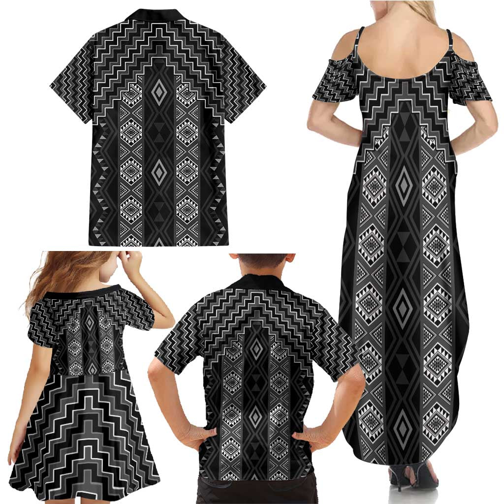 New Zealand Aotearoa Family Matching Summer Maxi Dress and Hawaiian Shirt Black Poutama With Taniko Pattern LT05 - Polynesian Pride